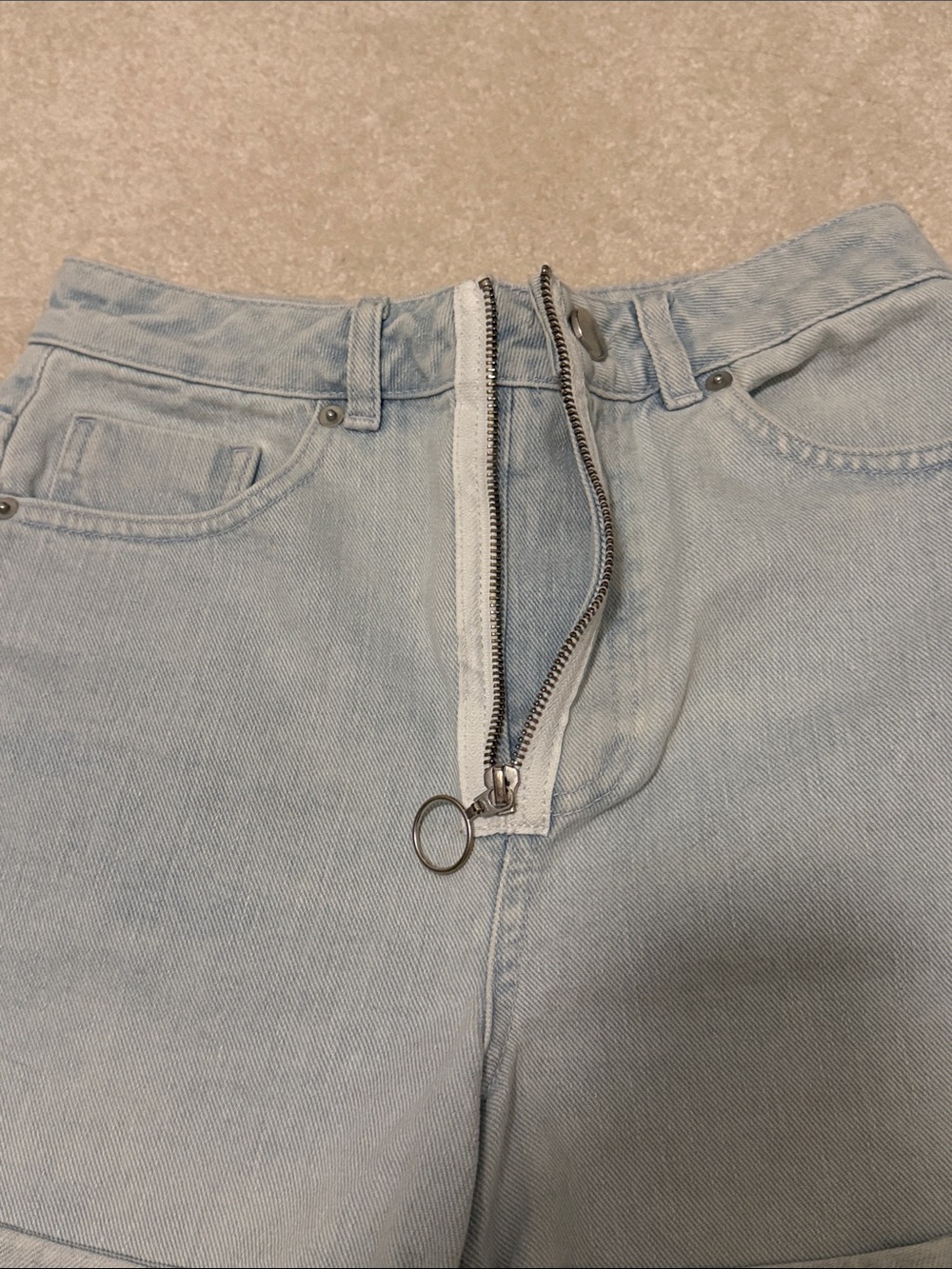 ASOS Light Blue High-Rise Denim Shorts with Front Ring Zip - Picture 3 of 5